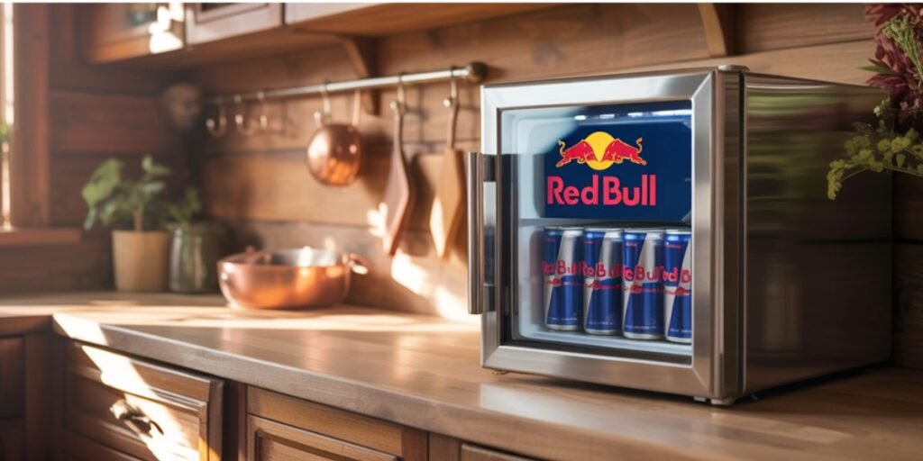 mini frigo redbull dans cuisine lumineuse