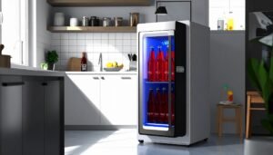 mini frigo sans marque dans cuisine à meubles blanc