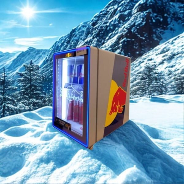 image mini frigo redbull sur une montagne enneigée