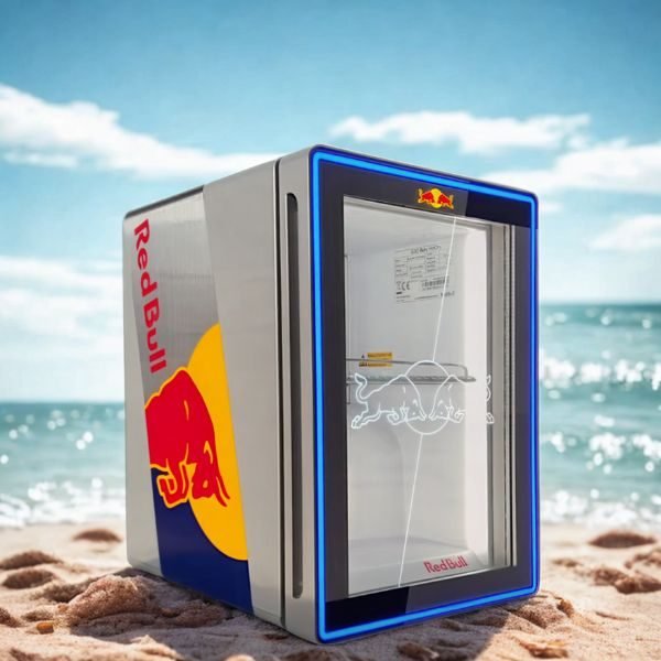 mini-frigo-red-bull-led-plage Mini frigo Red Bull design LED sur une plage de sable